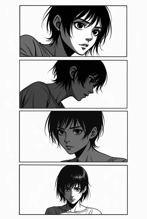 A graphic novel, 4 panels, the theme is " vision" and "the gaze", it should be black and white