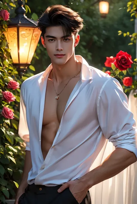 (absurdres, highres, extremely detailed, Ultra High Definition, masterpiece), A tall, lean, handsome man with muscular build stands in a blooming rose garden at dusk, the soft glow of lanterns illuminating his sharp features, solo, Full length portrait: 1....