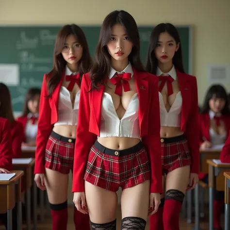 Prompt: An erotic NSFW sexy image of a group of beautiful cute young women standing in a row with big breasts in school uniforms with a white croptop blouses with deep cleavage and red bowties with red mini blazers and red plaid and white thighhigh stockin...