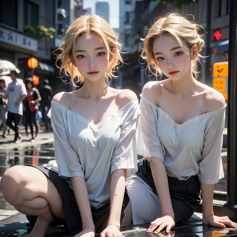 Young Japanese woman standing,  ((City Street)),  ((Fully clothed)), ((Off-the-shoulder T-shirt dress)),((barefoot)), Short hair blonde, Slim figure, Two-tone hair, afternoon, Gray Light, cloudy, Detailed Background, dark, Buzzy Street, Crowded street, Cin...