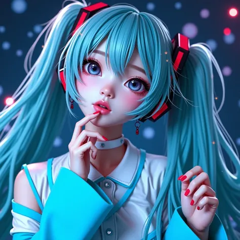 Vivid_REAL V2_0　Hatsune Miku-like hairstyle、Her hair is a light blue color.、The hair is super long、Body shape is slender、Beautiful makeup、Japanese beauty、The chest is nearly flat、、Dancing at the disco、Bright red and blue clothing