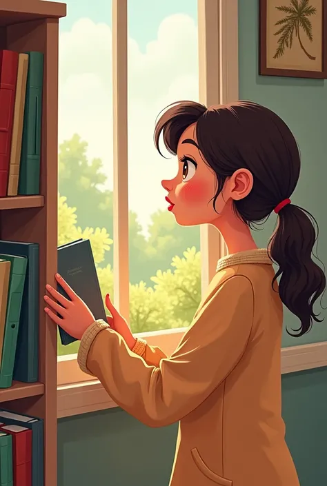 A woman arranging a bookshelf and looking at the window Cartoon 