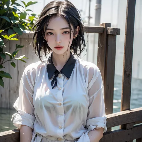 Realistic glowing skin, (Sweating:1.4),Stand backwards,Looking back at the face,Always look at the camera, (When the uniform gets wet with sweat, it becomes transparent..:1.4),
Classic black and white sailor suit,Summer clothes,Cold look,Cold Stare,Black H...