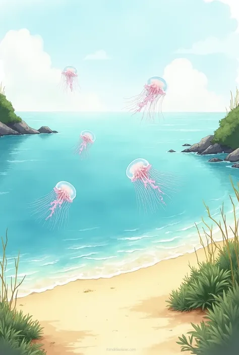 watercolor drawing of beach with jellyfish in the sea
