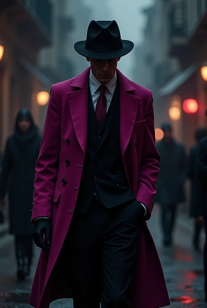 The two-colored detective magenta and black the color of his elegant suits 