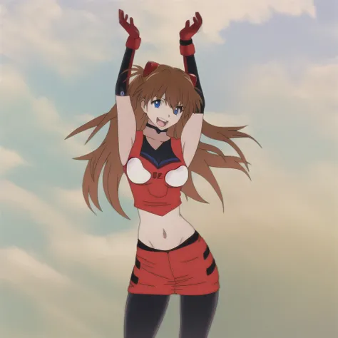 asuka, 1girl, solo, full body, long_hair, smile, blue_eyes, brown_hair, red jacket, black shorts, midriff, belly button, sky, day, cloud, orange_hair, interface-headset, black crop-top, stretching, both arms up