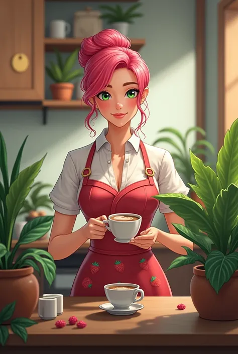 Beautiful manager of a fashionable cafe、Houseplants、Serve coffee over the counter、Pink hair updo、Strawberry pattern apron、Healing Smile、
