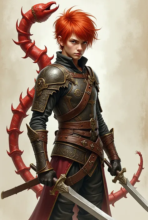  boy with short red hair with a red scorpion tail wearing leather armor with 2 rapier style detailed drawing 