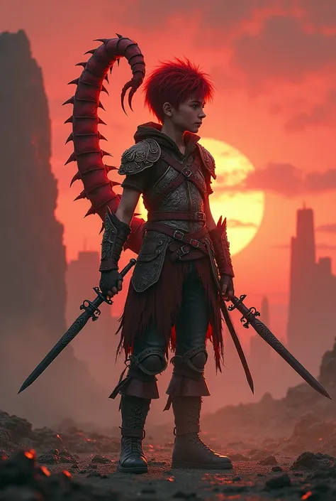  boy with short red hair with a red scorpion tail wearing leather armor with 2 rapiers  