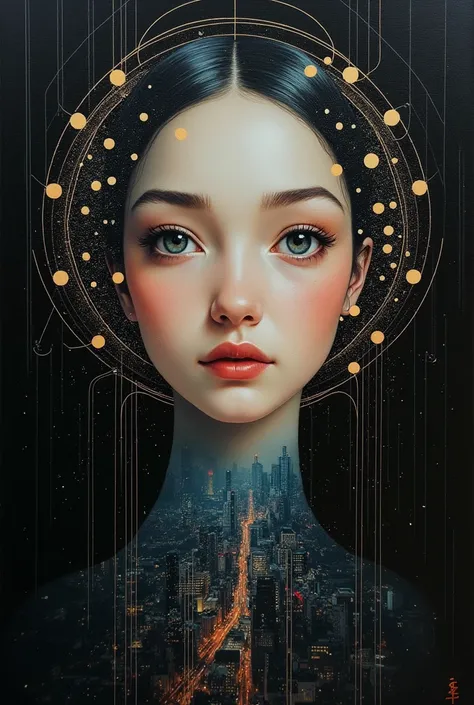 Portrait of a female, soft features, captured in an oil painting style blended with futuristic, surreal abstraction, minimalist yet highly detailed, incorporates elements of patina circuitry creating a harmonious morphism with the cityscape background, pre...