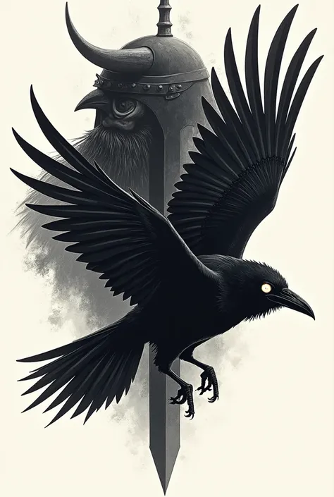 Tattoo of a crow flying and spreading its wings, with one eye of the Sharingan, Behind the raven is the shadow of a Viking&#39;s face (helmet and beard)