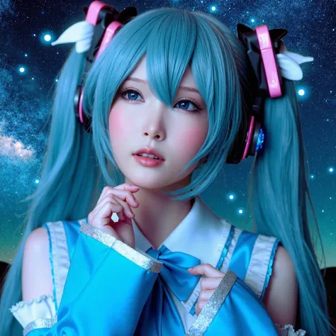 High-quality photos、Hatsune Miku-like hairstyle、Her hair is a light blue color.、The hair is super long、Body shape is slender、Beautiful makeup、Japanese beauty、The chest is nearly flat、、Dancing at the disco、Bright red and blue clothing