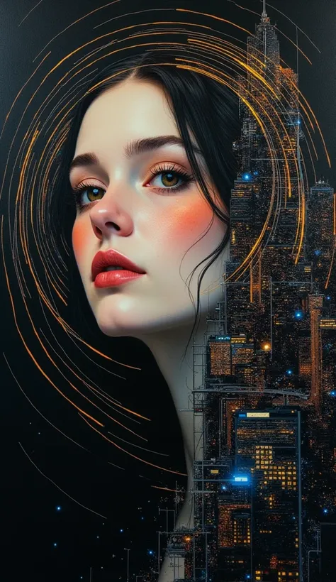 Portrait of a female, soft features, captured in an oil painting style blended with futuristic, surreal abstraction, minimalist yet highly detailed, incorporates elements of patina circuitry creating a harmonious morphism with the cityscape background, pre...