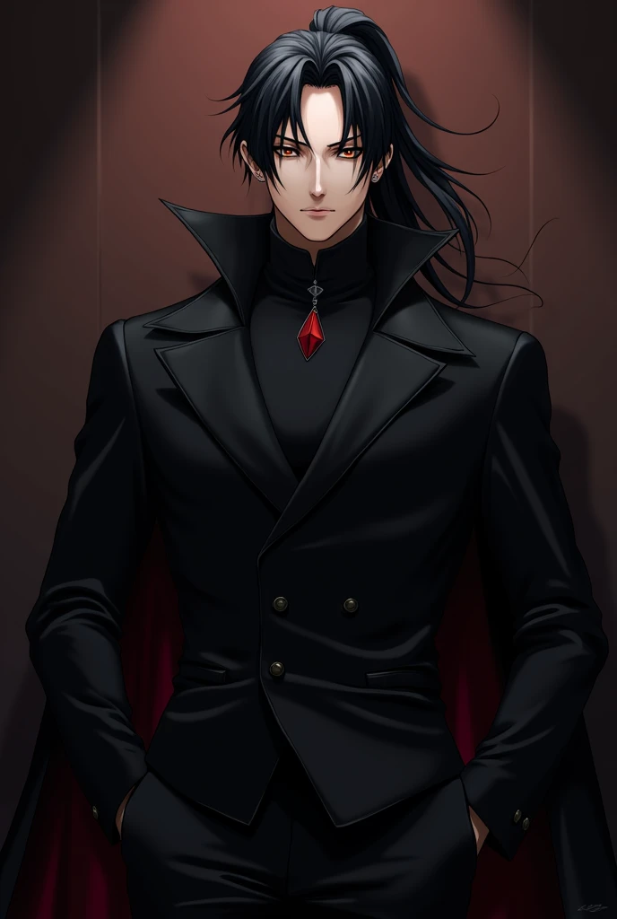  Anime Ferid Bathory with black hair ponytail and his clothes are black Black eyes