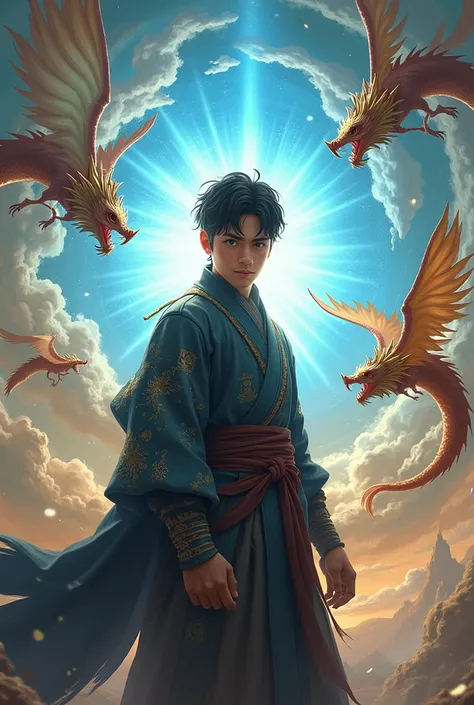 It is an elaborate and intricate fantasy portrait depicting a stout and determined seventeen-year-old man with an aura, a huge bright blue light behind him, bright black hair, dragons and phoenixes flying, golden light, Chinese martial arts style.