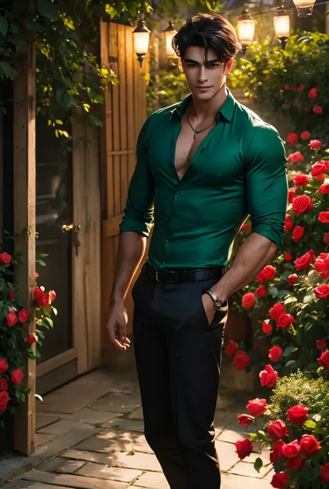 (absurdres, highres, extremely detailed, Ultra High Definition, masterpiece), A tall, lean, handsome man with muscular build stands in a blooming rose garden at dusk, the soft glow of lanterns illuminating his sharp features, solo, Full length portrait: 1....