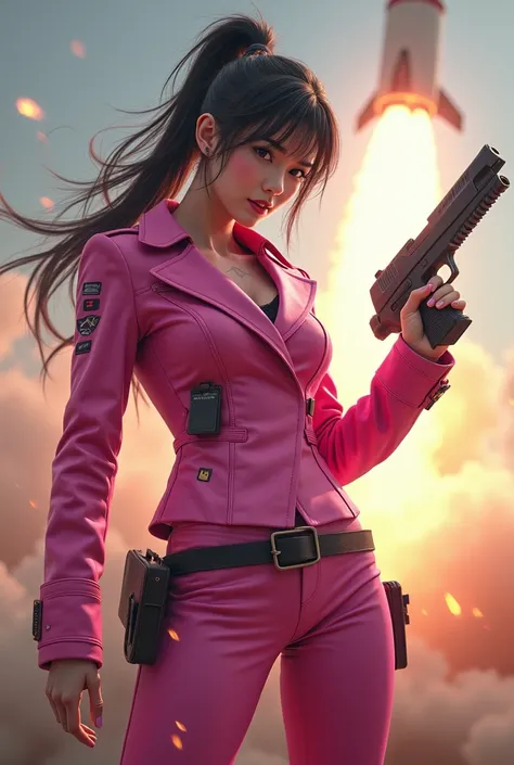 a woman in a pink outfit holding a gun, official splash art, rocket launch, young asian girl, dating app icon, smogpunk, grinning lasciviously, full image, failed cosmetic surgery, air support, 1 girl, pixie character, no skin shown, interesting skin color...