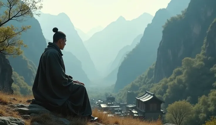 a young man seeking guidance from an old zen master in a chinese village nested in the mountains background, hyper realistic, 8k