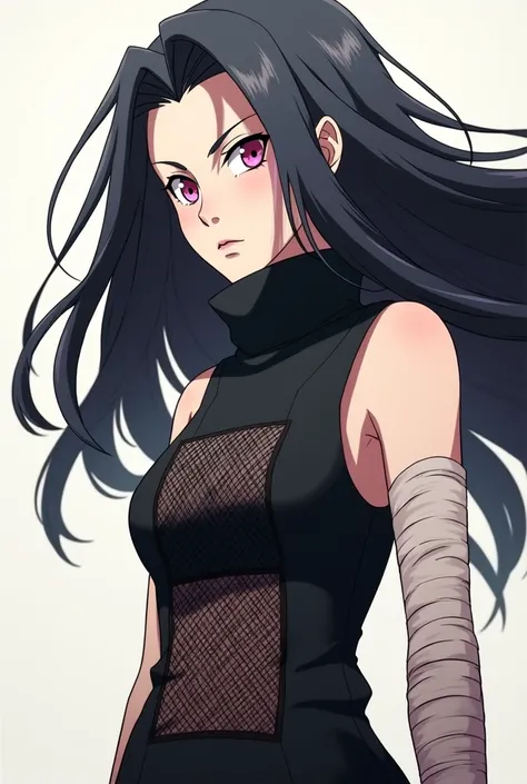 create a naruto shippuden style panel screenshot a teenage girl looking to the side, white skin, long black hair that she has loose, She wears a black sleeveless shirt with a high neck and a mesh that covers her torso to the waist., a bandage on his left a...