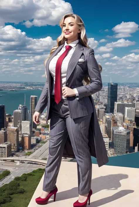 giantess art, giga giantess in distance walking on through city, multiple women with beautiful curves, massive thighs, blonde ha...