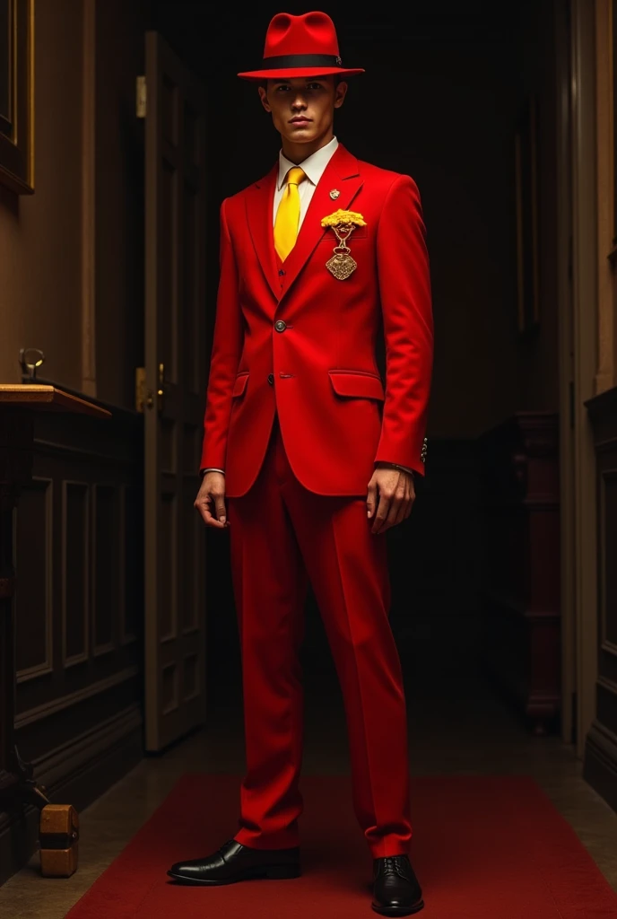 The detective in two colors of crimson red with yellow in his elegant suits with a dragon  