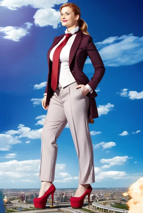 Giantess art, giga giantess in distance walking on through city, multiple women with beautiful curves, massive thighs, ginger hair, lipstick, wearing a perfect form-fitting loght grey pinstripe trouser suit and blazer, crisp white shirt with large spread c...