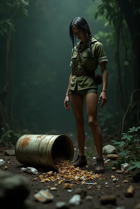 can of food where there is trash inside and it is known that someone has already thrown it away, She looks like an abandoned scout, no food at the bottom, set in a dark jungle