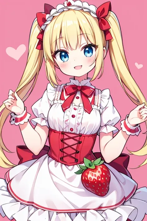 A happy smile,make sweets, (strawberry short cake1.1),Delicious sweets,Highest quality,Blonde with blue eyes、Lolita、Small breasts、Twin tails、girl&#39;enjoy,smile,bonnet,