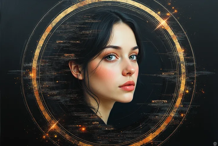 Portrait of a female, soft features, captured in an oil painting style blended with futuristic, surreal abstraction, minimalist yet highly detailed, incorporates elements of patina circuitry creating a harmonious morphism with the cityscape background, pre...