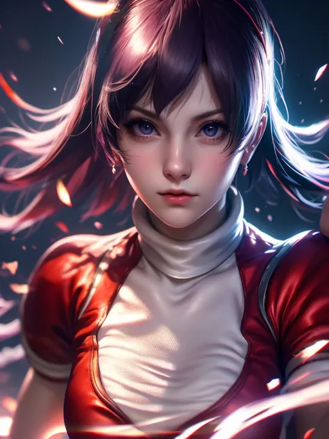 20s woman, alone, single, athletic, the king of fighters character, Athena asamiya, is expelling great power from her body, looking at the viewer seriously, cinematic, ultra-sharp focus, award-winning photography, perfect contrast, high sharpness, depth of...