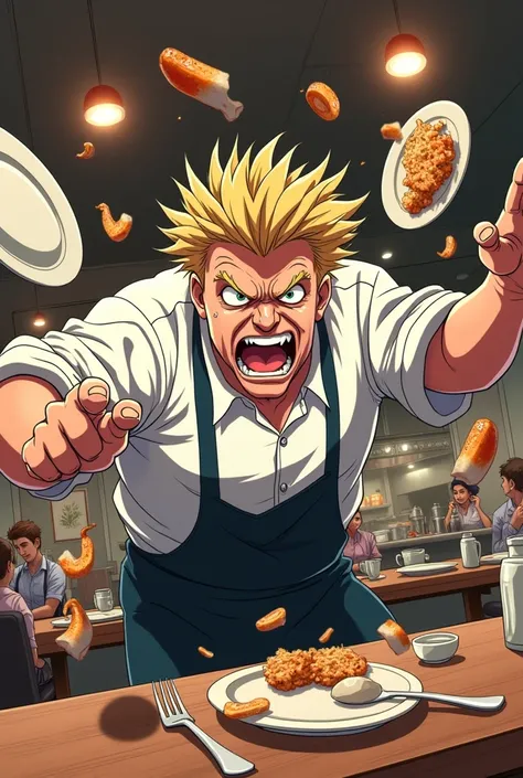 gordon ramsay throws food against the wall in a restaurant, anime