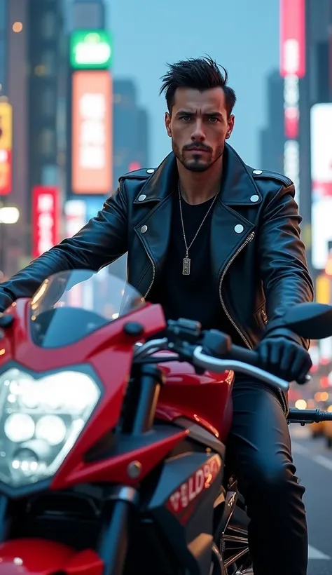 influencer model, 2, short hair and beard, blue eyes, on a motorbike, LD90 written on the heart side, Tokyo highway.
