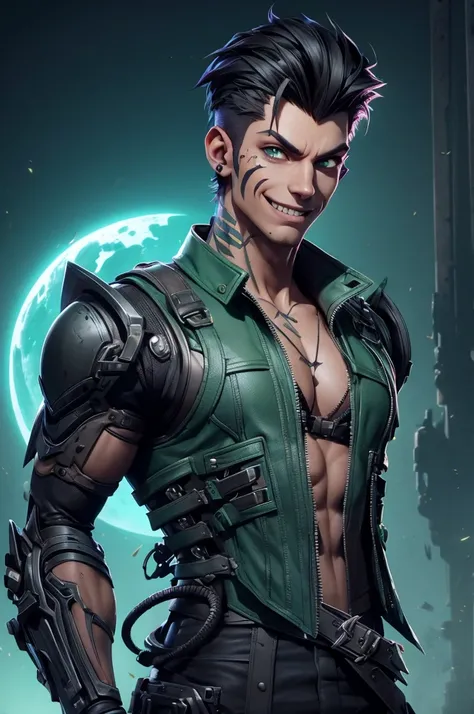 Villain, sci fi male in buzz cut hair, evil smile, ugly, a rat-faced, thin man with lots of scars and cybernetic prosthetics arm, Xtreme, open torn leather vest, dirt on his clothes and face, black outfit, in sewers, dramatic lighting, realistic colors, hi...