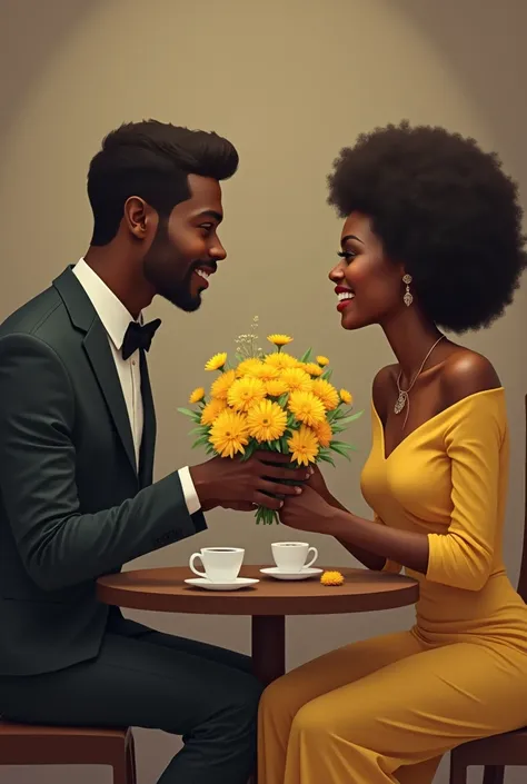 Elegantly dressed dark-skinned man giving yellow flowers to dark-skinned woman while they are drinking coffee without being too close 