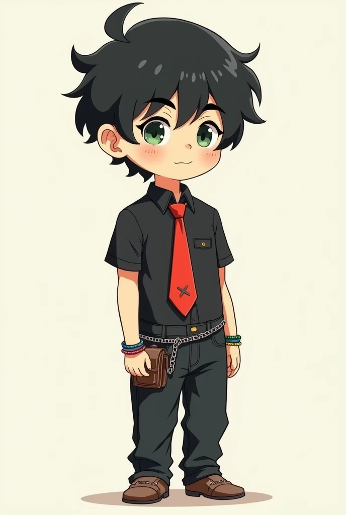 One teen boy, wind swept black hair, expressive green eyes, black short sleeve button up, red tie, black jeans with wallet chain, bracelets, anime, chibi, cutesy, simple, chibi boy 