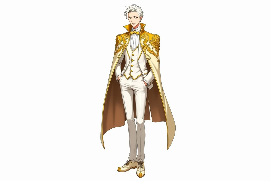 make it in anime style and with a white background, a gentleman with white skin, an expression would be, golden eyes, short hair, wearing a white suit with gold trim, with a golden cover,  he wears fancy shoes