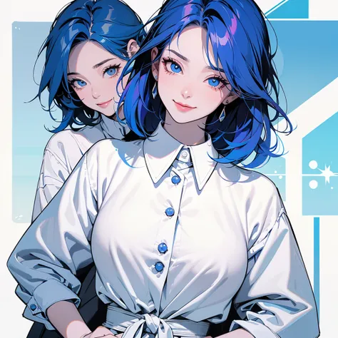 （Cool, colorful hair colors）、Smiling from the front、Bob Hair、Blue Eyes、female、Age 30、（Intense eyes）、Colorful and pop background、Illustration from the waist up、（Hands on hips）、White oversized shirt