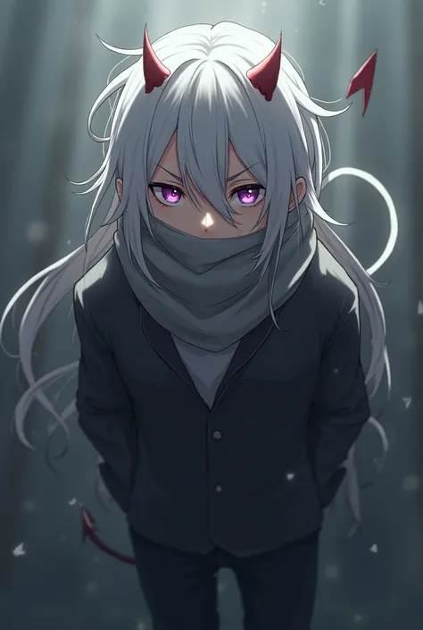 Drawing of a tall boy with long hair,with small horns,tail and wears a scarf covering her mouth, a few strands of her hair cover her other eye., anime style,masculine boy.her hair is white,purple eyes, gray scarf,red horns,He has a devil&#39;s tail and is ...