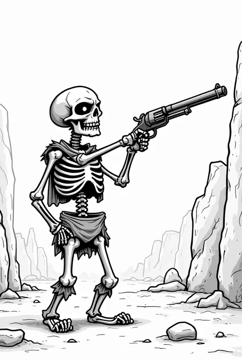 Skeleton holding an antique pistol in black and white cartoon style