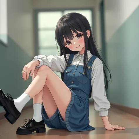 A girl wearing a knee-length denim pinafore dress, Wear a white full sleeve shirt underneath, Cute black school shoes with a slight heel , And white socks 。Low angle、I can see the shorts、Looking from directly below、sit、Raise one leg