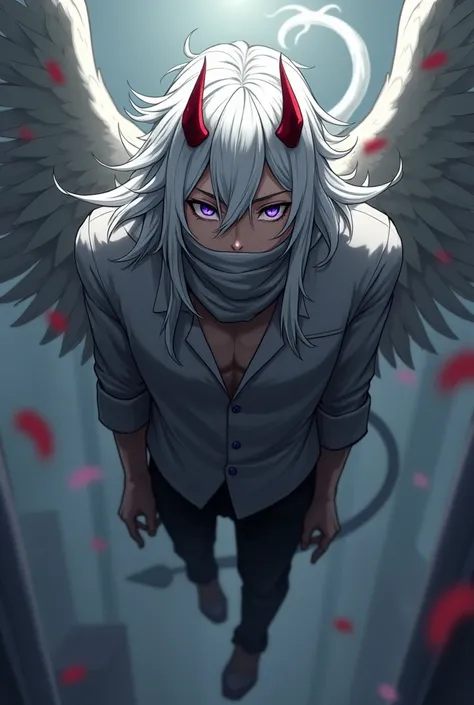 Drawing of a tall boy with long hair,with small horns,tail and wears a scarf covering her mouth, a few strands of her hair cover her other eye., anime style,masculine boy.her hair is white,purple eyes, gray scarf,red horns,He has a devil&#39;s tail, he is ...