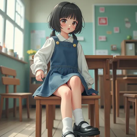 A girl wearing a knee-length denim pinafore dress, Wear a white full sleeve shirt underneath, Cute black school shoes with a slight heel , And white socks 。Low angle、I can see the shorts、Looking from directly below、sit、Raise one leg