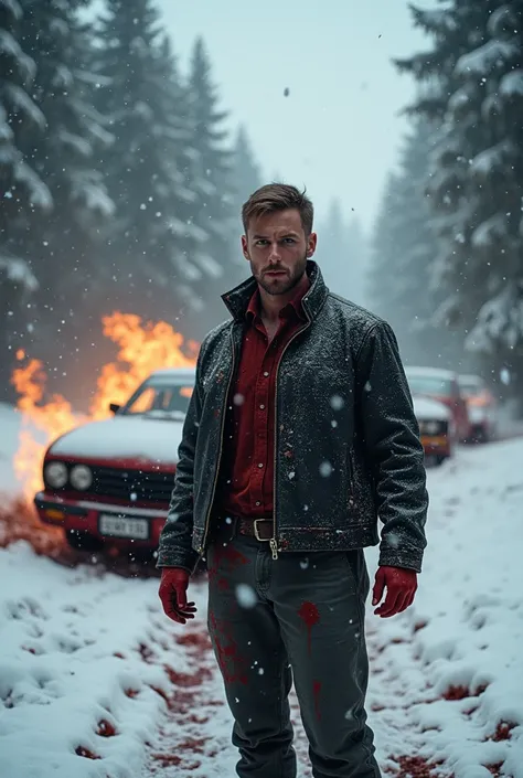 A book cover it’s a man standing in front of a crashed car that fell down into a ditch on fire in front of trees in the snow with it snowing with blood all over him he is a white 2 man with a shorter beard who had brown hair 