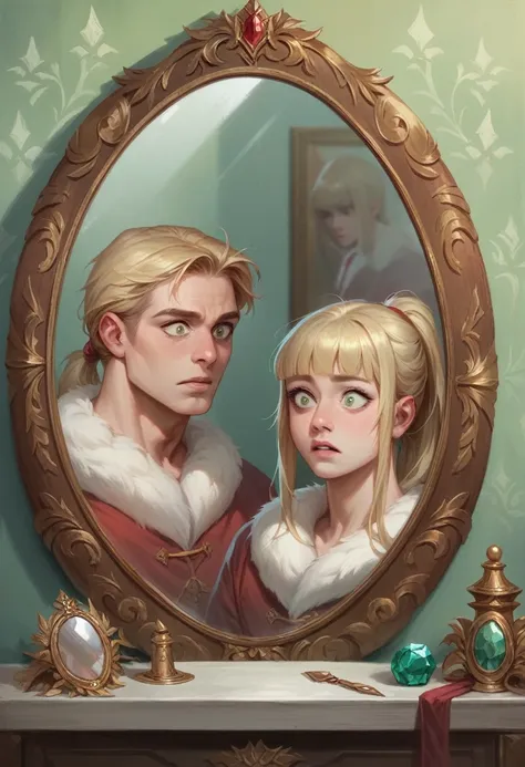 mirror, looking at mirror, facing mirror, realistic, cute, blond, 1boy, long hair, prince, handsome, emerald eyes, surprised, fu...