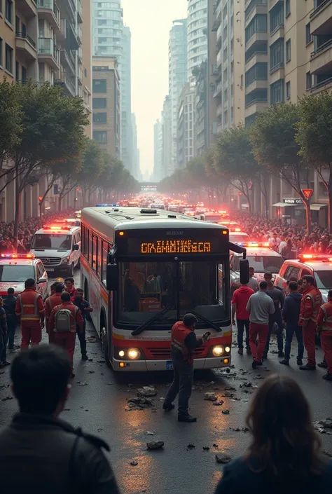 A mass accident in the city of Barcelona caused by a bus, with paramedics and ambulances
