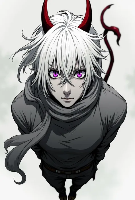 Drawing of a tall boy with long hair,with small horns,tail and wears a scarf covering her mouth, a few strands of her hair cover her other eye., Manga style,masculine boy.her hair is white,purple eyes, gray scarf,red horns,He has a devil&#39;s tail, he is ...