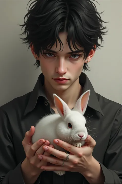 Damian Fox from the Wattpad book, boy with pale skin, black hair, and hold a rabbit in his hands 