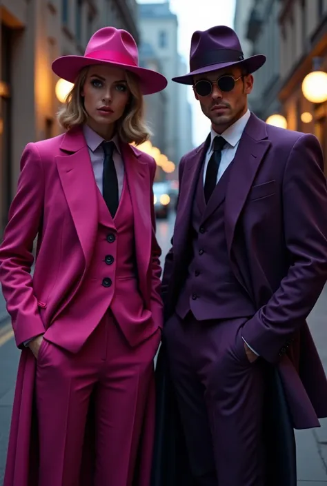 The two-colored detective magenta and dark purple in his elegant suits 