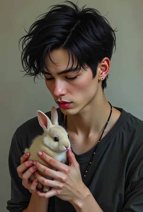 Damian Fox from the Wattpad book, boy with pale skin, black hair, and hold a rabbit in his hands 