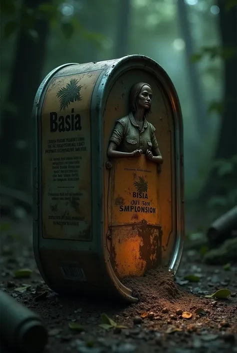 oval can food packet,with label like from the supermarket, where inside is basia , She looks like an abandoned scout, no food at the bottom, set in a dark jungle